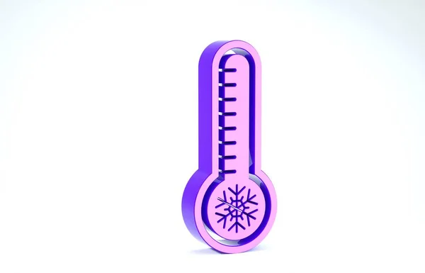 Meteorologi Ungu termometer mengukur panas dan ikon dingin yang terisolasi pada latar belakang putih. Peralatan termometer menunjukkan cuaca panas atau dingin. Tampilan 3D ilustrasi 3d — Stok Foto