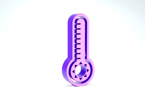紫色气象温度计测量在白色背景上隔离的冷热图标。 显示炎热或寒冷天气的温度计设备。 3d说明3d — 图库照片