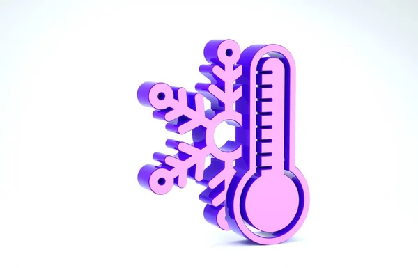 白い背景に雪の結晶アイコンと紫の温度計。3Dイラスト3Dレンダリング — ストック写真