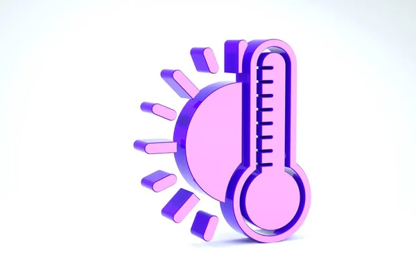 白色の背景に太陽のアイコンが隔離された紫色の温度計。3Dイラスト3Dレンダリング — ストック写真