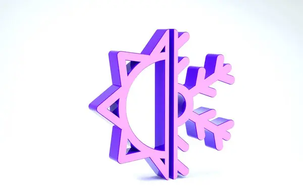 Фіолетовий Гарячий і холодний символ. Піктограма сонця і сніжинки ізольовані на білому тлі. Зимовий і літній символ. 3D ілюстрація 3D рендеринга — стокове фото