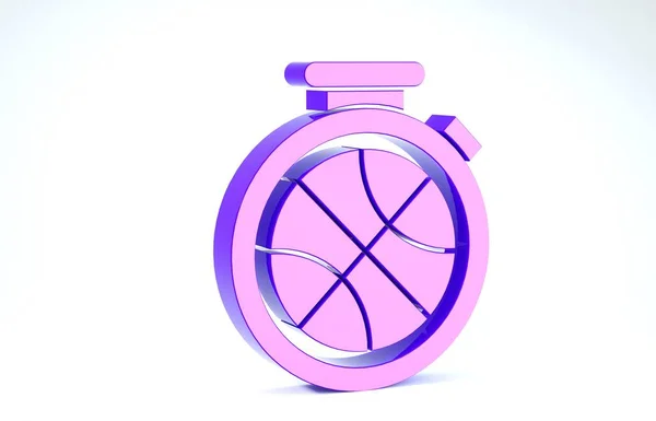 Cronômetro roxo com bola de basquete dentro ícone isolado no fundo branco. Hora do basquetebol. Desporto e treino. 3D ilustração 3D render — Fotografia de Stock