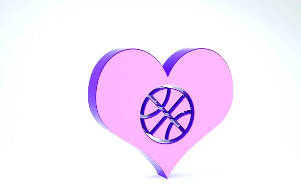 Purple Heart avec ballon de basket à l'intérieur icône isolée sur fond blanc. L'amour du basket. Illustration 3D rendu 3D — Photo