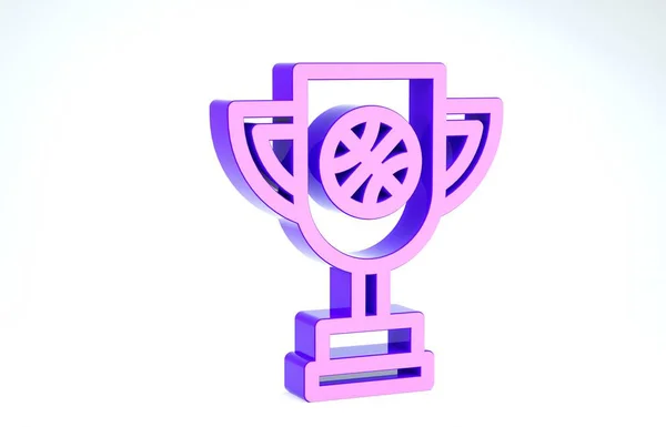 紫色奖杯与篮球图标隔离在白色背景。 冠军奖杯的象征。 锦标赛或竞赛奖杯。 3d说明3d — 图库照片