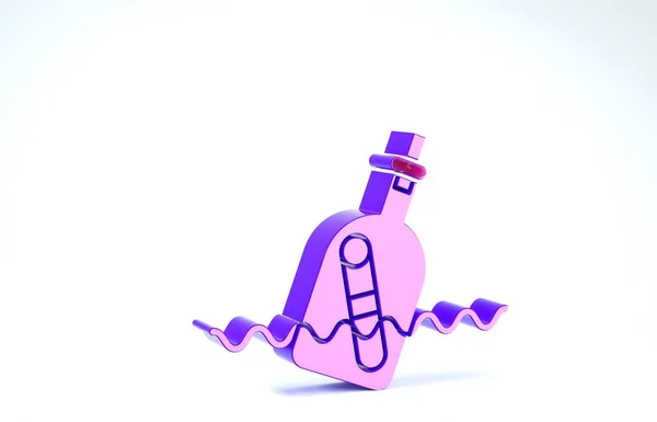 Botella de vidrio púrpura con un mensaje en icono de agua aislado sobre fondo blanco. Carta en la botella. Símbolo de piratas. 3D ilustración 3D render — Foto de Stock