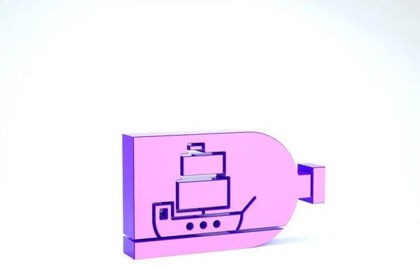 Frasco de vidro roxo com navio dentro ícone isolado no fundo branco. Modelo em miniatura de embarcação marinha. Hobby e tema do mar. 3D ilustração 3D render — Fotografia de Stock