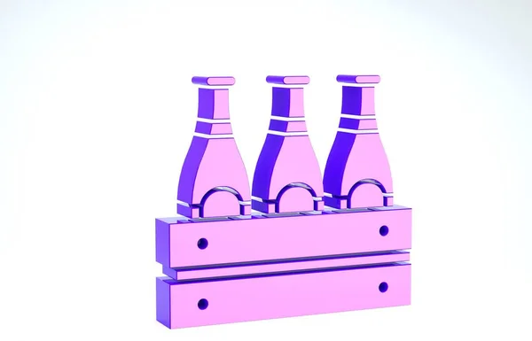 Фиолетовая пачка пивных бутылок на белом фоне. Деревянная коробка и пивные бутылки. Вывеска ящика с пивом. 3D-рендеринг — стоковое фото