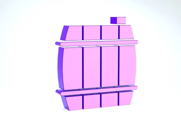 白を基調とした紫色の木製の樽アイコン。アルコール樽、飲料容器、ビール用の木製の樽、ウイスキー、ワイン。3Dイラスト3Dレンダリング — ストック写真