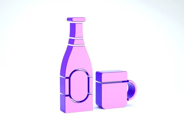 Фиолетовая бутылка пива и стеклянная икона на белом фоне. Символ алкоголя. 3D-рендеринг — стоковое фото