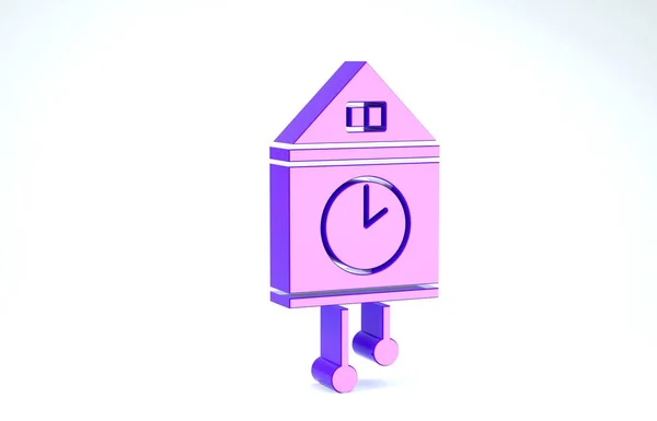 Purple Retro wall watch icon isolated on white background. Cuckoo clock sign. Antique pendulum clock. 3d illustration 3D render — 图库照片