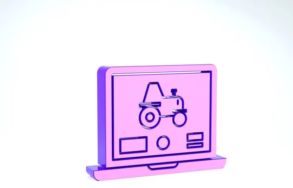 Aplikace Purple Laptop pro ovládání autonomního traktoru na chytré farmě ikony izolované na bílém pozadí. Inteligentní zemědělství. 3D ilustrace 3D vykreslení — Stock fotografie