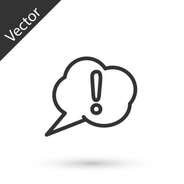 Gri çizgi konuşma balonu ve ünlem simgesi beyaz arkaplanda izole edildi. Faq işareti. Dosyaları kopyala, konuşma balonu ve grafiğini çıkar. Vektör İllüstrasyonu