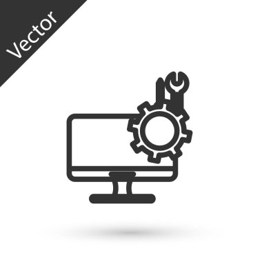 Beyaz arkaplanda izole edilmiş tornavida ve anahtar ikonlu gri çizgi bilgisayar monitörü. Ayarlama, servis, ayar, bakım, onarım. Vektör İllüstrasyonu