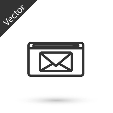 Gri çizgi posta ve e-posta simgesi beyaz arkaplanda izole edildi. Zarf sembolü e-postası. E- posta kodu. Vektör İllüstrasyonu