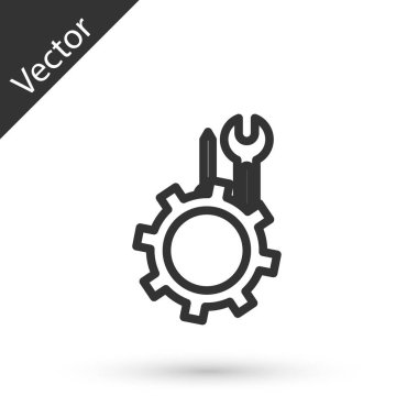 Gri çizgi anahtarı ve vites kutusundaki tornavida beyaz arka planda izole edilmiş. Ayarlama, servis, ayar, bakım, onarım, onarım. Vektör İllüstrasyonu