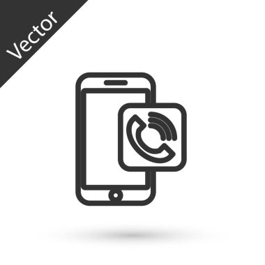 Gri çizgi cep telefonu arama simgesi beyaz arkaplanda izole edildi. Vektör İllüstrasyonu