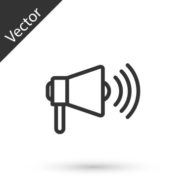 Megafon gri çizgi simgesi beyaz arkaplanda izole edildi. Yüksek sesle konuşma uyarısı. Ağızlık için megafon, terfi diye bağırıyor. Vektör İllüstrasyonu