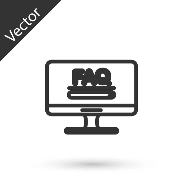 Linha cinza Monitor de computador com texto FAQ ícone de informação isolado no fundo branco. Perguntas frequentes. Ilustração vetorial — Vetor de Stock