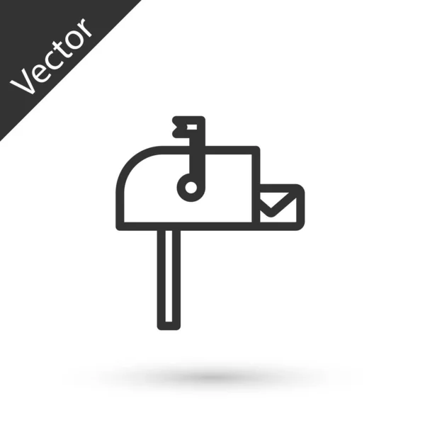 Szürke vonal Nyílt postaláda ikon elszigetelt fehér alapon. Postaláda ikon. Postaláda a rúdon zászlóval. Vektorillusztráció — Stock Vector