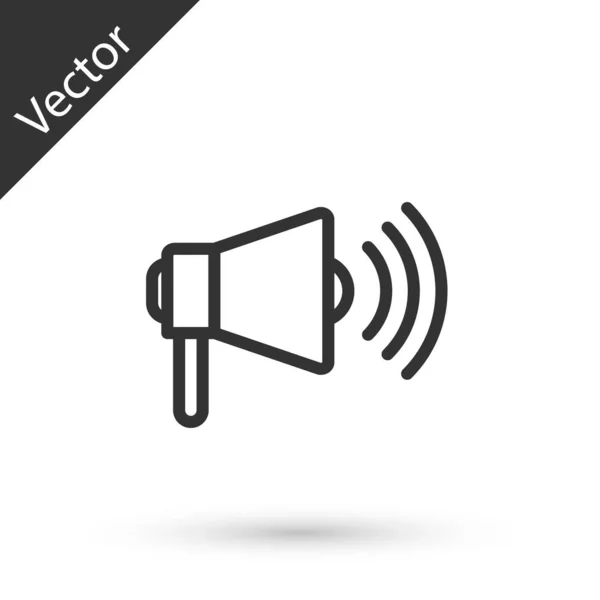 Ícone de Megafone de linha cinza isolado no fundo branco. Conceito de alerta de fala alta. Bullhorn para promoção de gritos Mouthpiece. Ilustração vetorial — Vetor de Stock