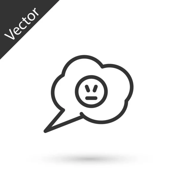 Línea gris Burbuja de voz con icono de sonrisa enojada aislada sobre fondo blanco. Cara de emoticono. Ilustración vectorial — Vector de stock