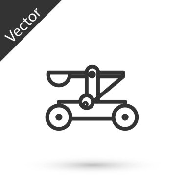 Gri çizgi Eski ortaçağ ahşap mancınık atış taşları simgesi beyaz arka planda izole. Vektör İllüstrasyonu