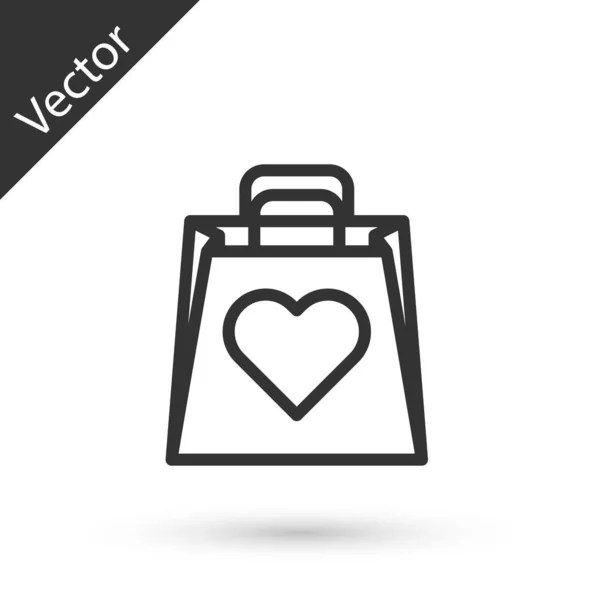 Graue Einkaufstasche mit Herz-Symbol auf weißem Hintergrund. Shopping Bag Shop Liebe wie Herz Ikone. Valentinstag-Symbol. Vektorillustration — Stockvektor