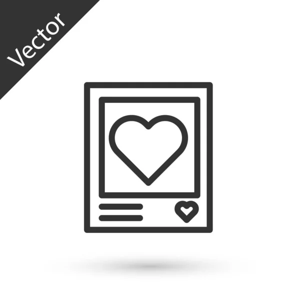 Línea gris Marcos de fotos en blanco e icono de corazones aislados sobre fondo blanco. Símbolo de San Valentín. Ilustración vectorial — Vector de stock