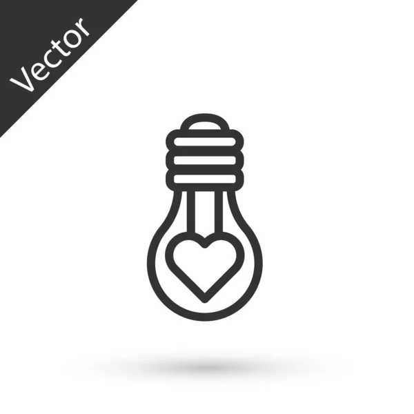 Grey line Heart shape in a light bulb icon isolated on white background. Love symbol. Valentine day symbol. Vector Illustration — ストックベクタ