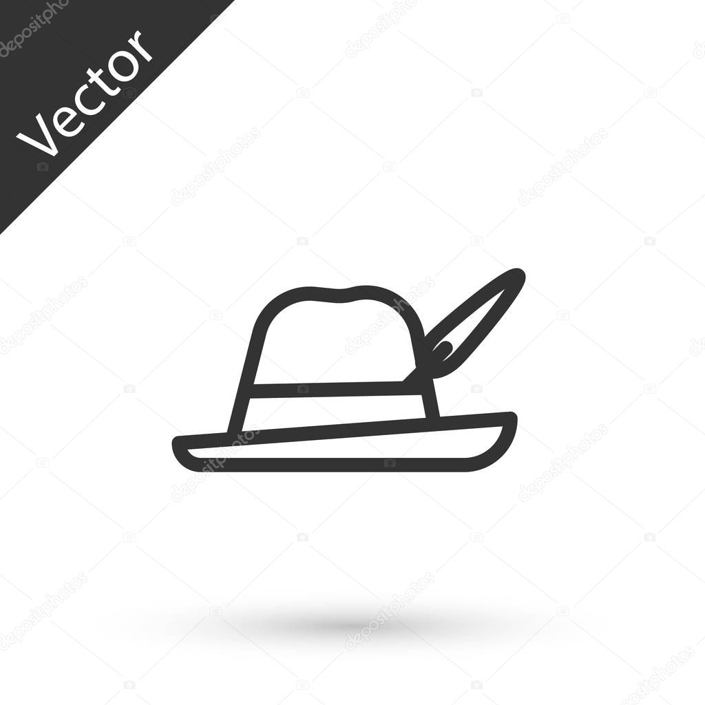 Grey line Oktoberfest hat icon isolated on white background. Hunter hat with feather. German hat. Vector Illustration