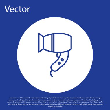 Mavi çizgi saç kurutma ikonu mavi arkaplanda izole edildi. Saç kurutma makinesi tabelası. Saç kurutma sembolü. Sıcak hava üflüyor. Beyaz daire düğmesi. Vektör İllüstrasyonu