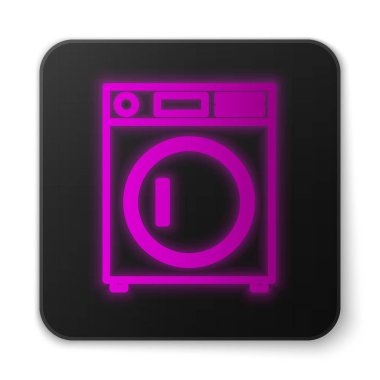 Parlayan neon hattı çamaşır makinesi simgesi beyaz arkaplanda izole edildi. Çamaşır makinesi simgesi. Çamaşır makinesi, çamaşır makinesi. Ev aletleri sembolü. Siyah kare düğme. Vektör İllüstrasyonu
