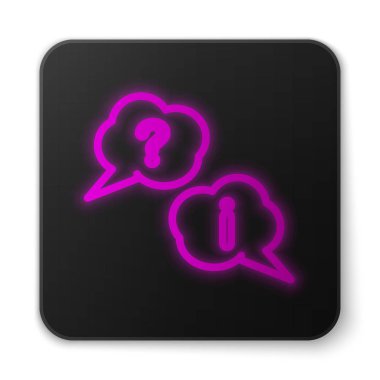 Beyaz zemin üzerinde Soru ve Ünlem simgesi izole edilmiş parlak neon hattı konuşma baloncukları. Faq işareti. Dosyaları kopyala, konuşma balonu ve grafiğini çıkar. Siyah kare düğme. Vektör İllüstrasyonu