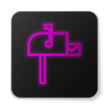 Parlayan neon hattı Açık posta kutusu simgesi beyaz arkaplanda izole edildi. Posta kutusu simgesi. Posta kutusunda bayrak var. Siyah kare düğme. Vektör İllüstrasyonu