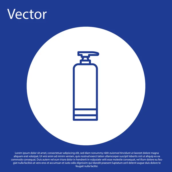 Linha azul Creme ou loção ícone tubo cosmético isolado no fundo azul. Produtos de cuidados com o corpo para homens. Botão de círculo branco. Ilustração vetorial — Vetor de Stock