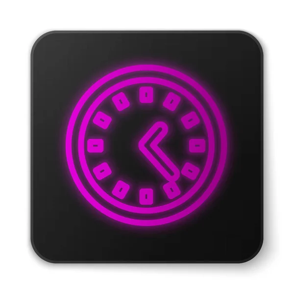 Icono de reloj de línea de neón brillante aislado sobre fondo blanco. Símbolo de tiempo. Botón cuadrado negro. Ilustración vectorial — Vector de stock