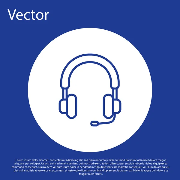 Icono de auriculares de línea azul aislado sobre fondo azul. Auriculares. Concepto para escuchar música, servicio, comunicación y operador. Botón círculo blanco. Ilustración vectorial — Vector de stock