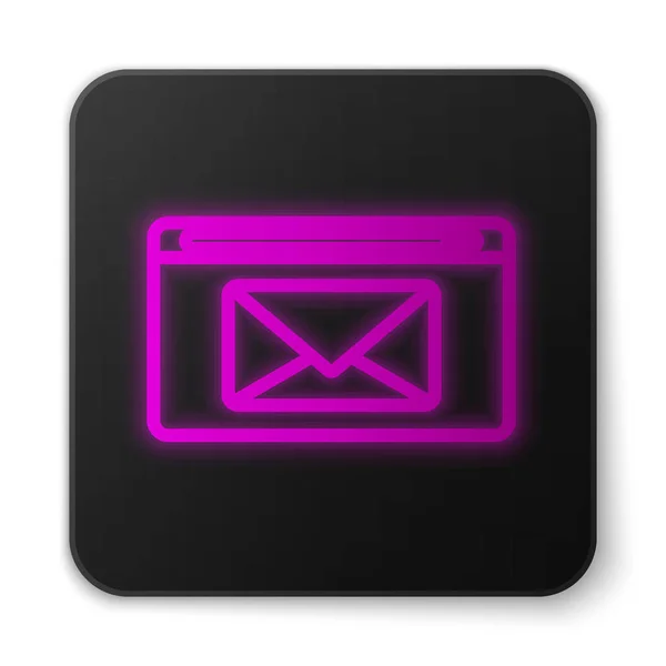 Ligne lumineuse néon Icône Mail et e-mail isolée sur fond blanc. E-mail du symbole de l'enveloppe. Signe de message électronique. Bouton carré noir. Illustration vectorielle — Image vectorielle