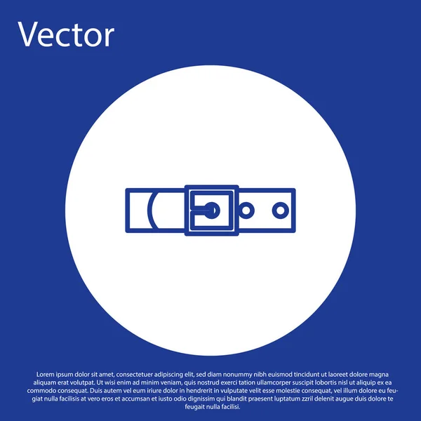 Blaue Linie Ledergürtel mit geknöpfter Stahlschnalle Symbol isoliert auf blauem Hintergrund. weißer Kreis-Knopf. Vektorillustration — Stockvektor