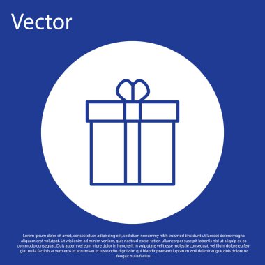 Mavi çizgi hediye kutusu ve kalp ikonu mavi arka planda izole edilmiş. Sevgililer Günü. Beyaz daire düğmesi. Vektör İllüstrasyonu