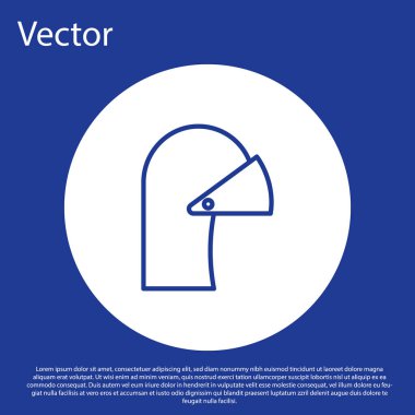Mavi çizgi ortaçağ demir miğferi mavi arka planda izole edilmiş kafa koruma ikonu için. Beyaz daire düğmesi. Vektör İllüstrasyonu