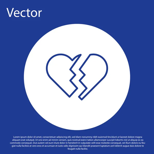 Синяя линия Сломанное сердце или значок развода на синем фоне. Символ любви. День Святого Валентина. Кнопка белого круга. Векторная миграция — стоковый вектор