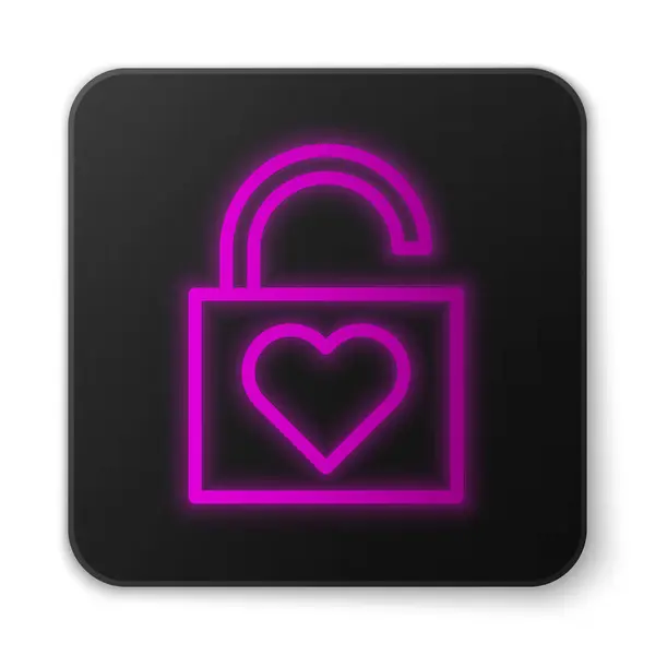 Gloeiende neon lijn Lock en hart pictogram geïsoleerd op witte achtergrond. Vergrendeld hart. Liefdessymbool en sleutelgat teken. Valentijnsdag symbool. Zwarte vierkante knop. Vector Illustratie — Stockvector