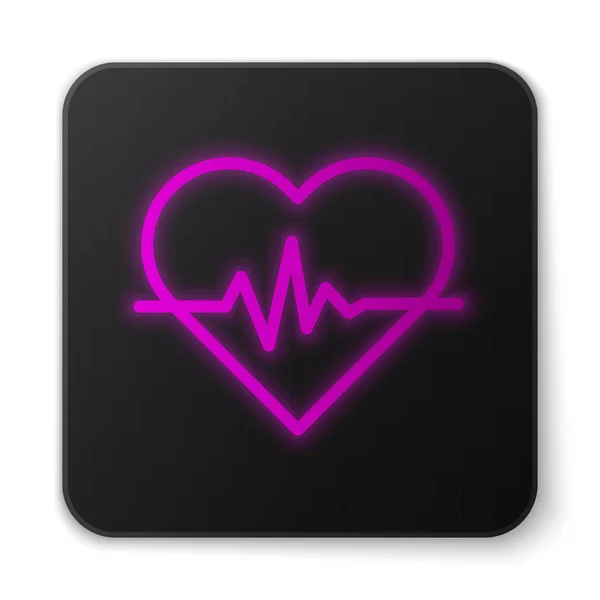 Glowing neon line Heart rate icon isolated on white background. Heartbeat sign. Heart pulse icon. Cardiogram icon. Black square button. Vector Illustration — Stock Vector