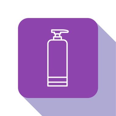 Beyaz çizgi kremi ya da losyon kozmetik tüp ikonu beyaz arka planda izole edilmiş. Erkekler için vücut bakım ürünleri. Mor kare düğme. Vektör İllüstrasyonu