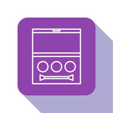 Beyaz çizgili göz gölgesi paleti, beyaz arkaplanda izole edilmiş fırça simgesi. Mor kare düğme. Vektör İllüstrasyonu