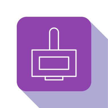 Beyaz çizgili tırnak cilası ikonu beyaz arka planda izole edilmiş. Mor kare düğme. Vektör İllüstrasyonu