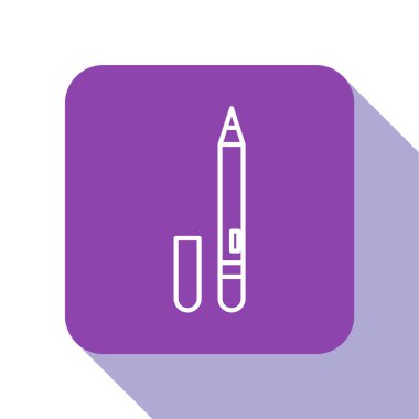 Beyaz çizgili göz kalemi, beyaz arka planda izole edilmiş kaş ikonu. Gözler için kalem. Mor kare düğme. Vektör İllüstrasyonu