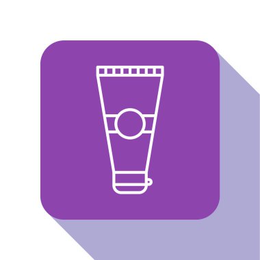 Beyaz çizgi kremi ya da losyon kozmetik tüp ikonu beyaz arka planda izole edilmiş. Erkekler için vücut bakım ürünleri. Mor kare düğme. Vektör İllüstrasyonu