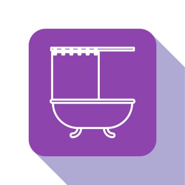 Beyaz arkaplanda izole edilmiş duş perdesi simgesi olan beyaz küvet. Mor kare düğme. Vektör İllüstrasyonu